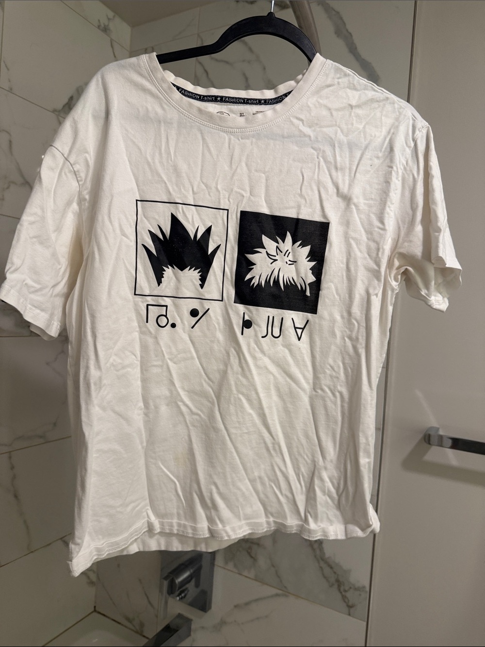 White Anime T-Shirt with Black Trim and Printed Details